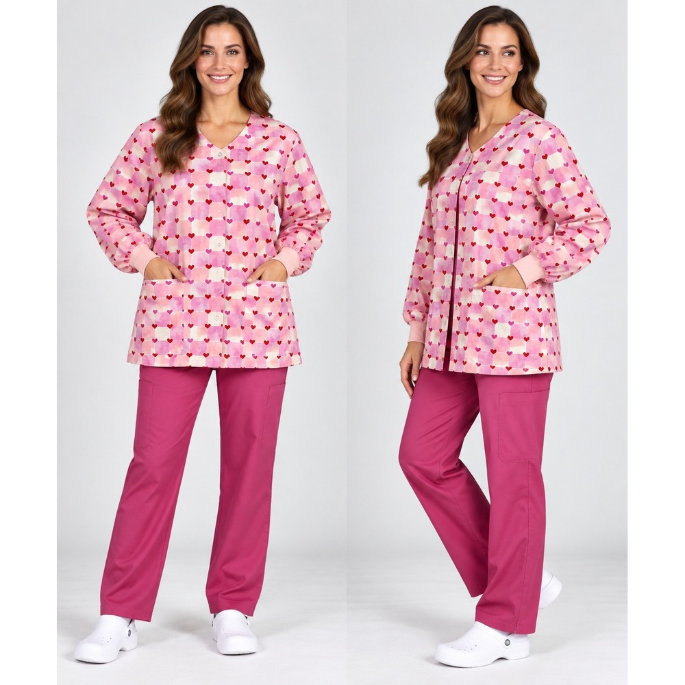 Tafford Pink Heart Checkered Scrub Jacket Long Sleeve Snap Front 2X